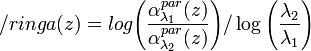 /ring{a}(z)=log\Bigg(\frac{\alpha_{\lambda_{1}}^{par}(z)}{\alpha_{\lambda_{2}}^{par}(z)}\Bigg)/\log\Bigg(\frac{\lambda_{2}}{\lambda_{1}}\Bigg)